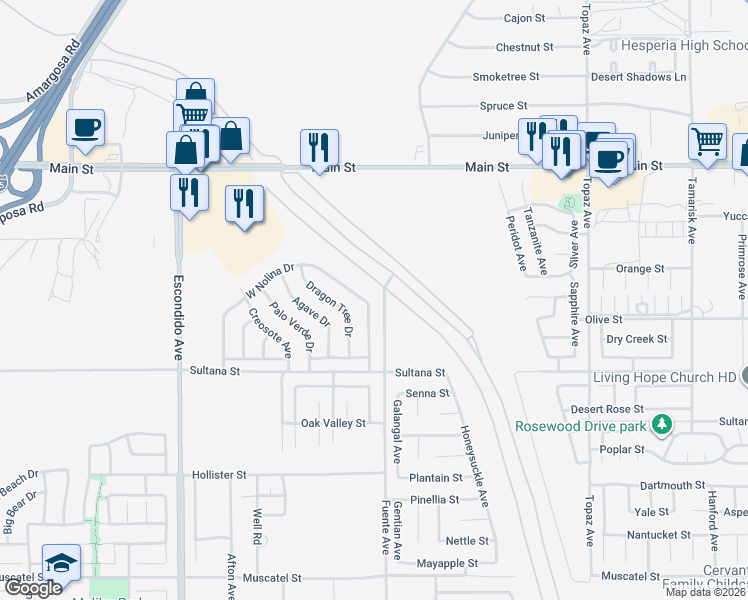 map of restaurants, bars, coffee shops, grocery stores, and more near 13690 West Nolina Drive in Hesperia