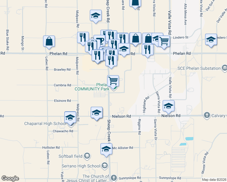 map of restaurants, bars, coffee shops, grocery stores, and more near 4128 Warbler Road in Phelan