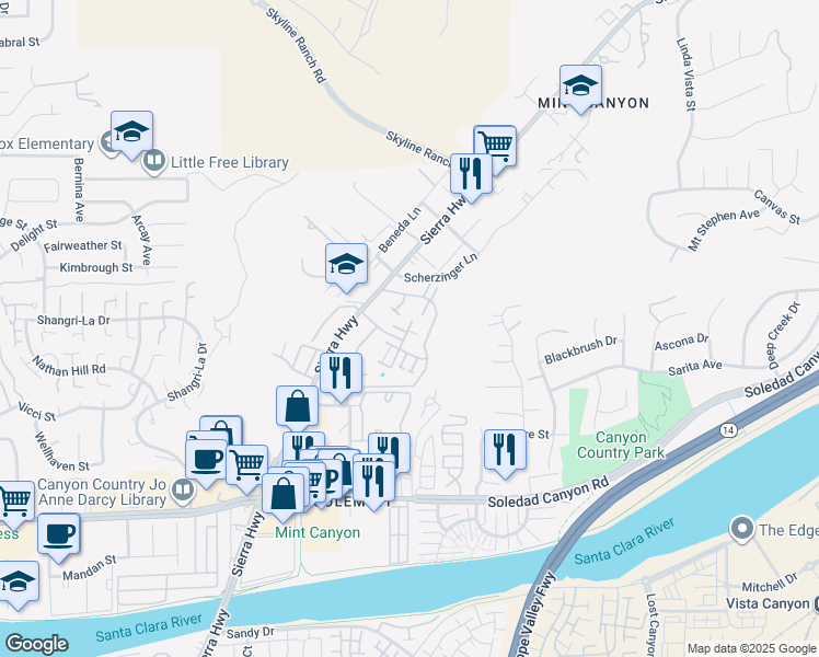 map of restaurants, bars, coffee shops, grocery stores, and more near 27949 Tyler Lane in Santa Clarita