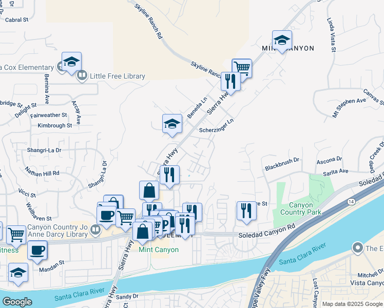 map of restaurants, bars, coffee shops, grocery stores, and more near 27949 Tyler Lane in Santa Clarita