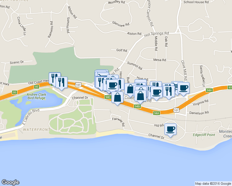 map of restaurants, bars, coffee shops, grocery stores, and more near 1054 Coast Village Road in Santa Barbara