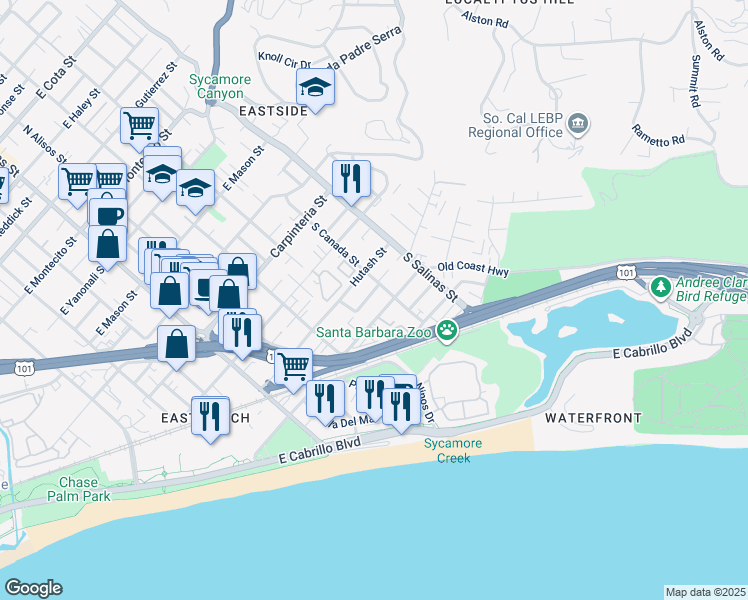 map of restaurants, bars, coffee shops, grocery stores, and more near 1225 Punta Gorda Street in Santa Barbara