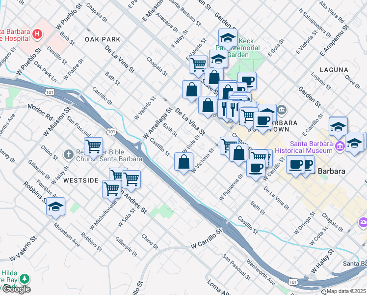 map of restaurants, bars, coffee shops, grocery stores, and more near 1335 Bath Street in Santa Barbara