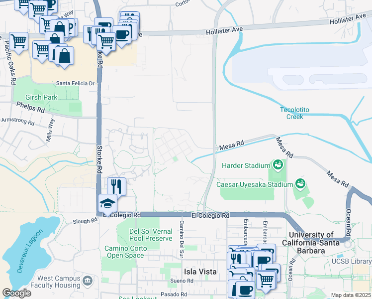 map of restaurants, bars, coffee shops, grocery stores, and more near 700-776 Juniper Walk in Isla Vista