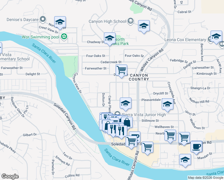 map of restaurants, bars, coffee shops, grocery stores, and more near 27524 Camp Plenty Road in Santa Clarita