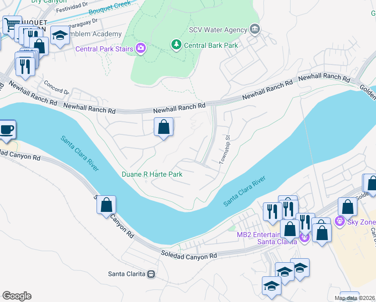 map of restaurants, bars, coffee shops, grocery stores, and more near 22462 Plantation Court in Santa Clarita