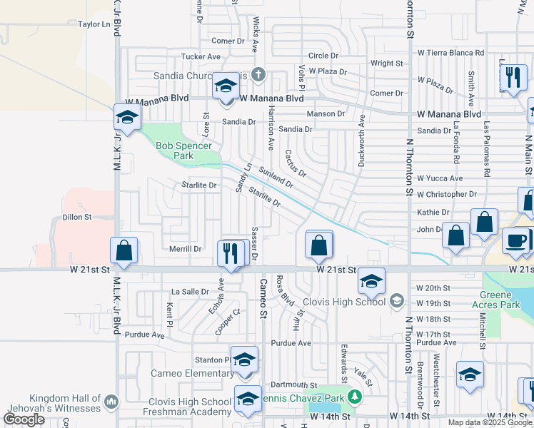 map of restaurants, bars, coffee shops, grocery stores, and more near 104a Gayland Drive in Clovis