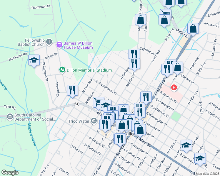 map of restaurants, bars, coffee shops, grocery stores, and more near 406 West Washington Street in Dillon