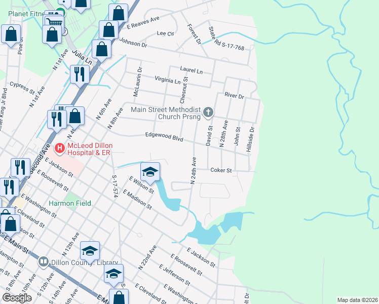 map of restaurants, bars, coffee shops, grocery stores, and more near 1117 North 24th Avenue in Dillon