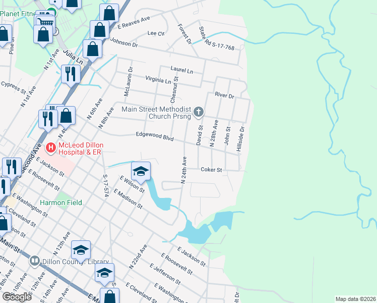 map of restaurants, bars, coffee shops, grocery stores, and more near 1117 North 24th Avenue in Dillon