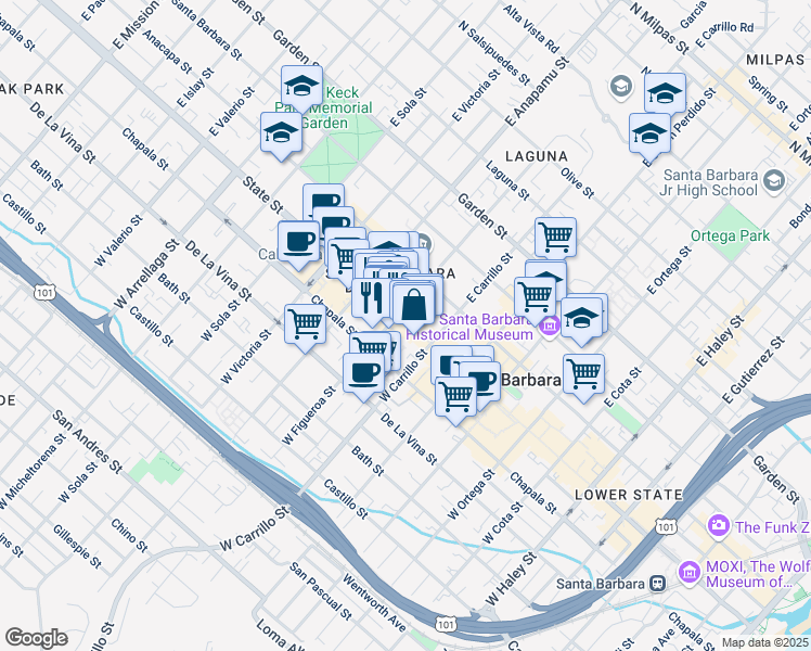 map of restaurants, bars, coffee shops, grocery stores, and more near 1027 State Street in Santa Barbara