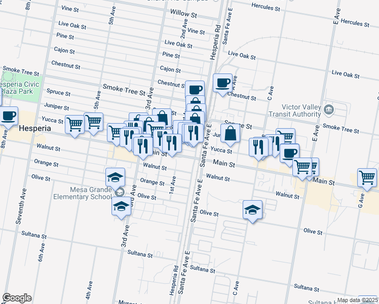 map of restaurants, bars, coffee shops, grocery stores, and more near 9424 Hesperia Road in Hesperia