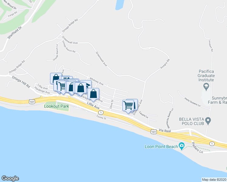 map of restaurants, bars, coffee shops, grocery stores, and more near 195 Olive Street in Summerland