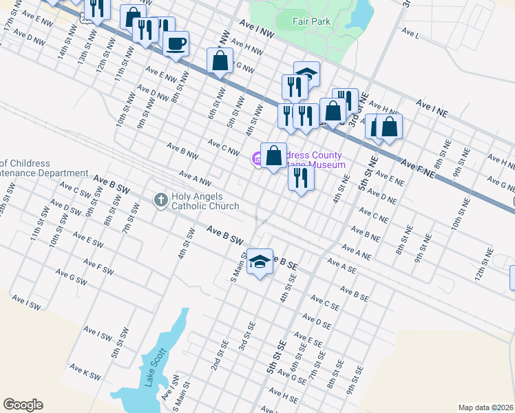 map of restaurants, bars, coffee shops, grocery stores, and more near 198 Ave A NW in Childress