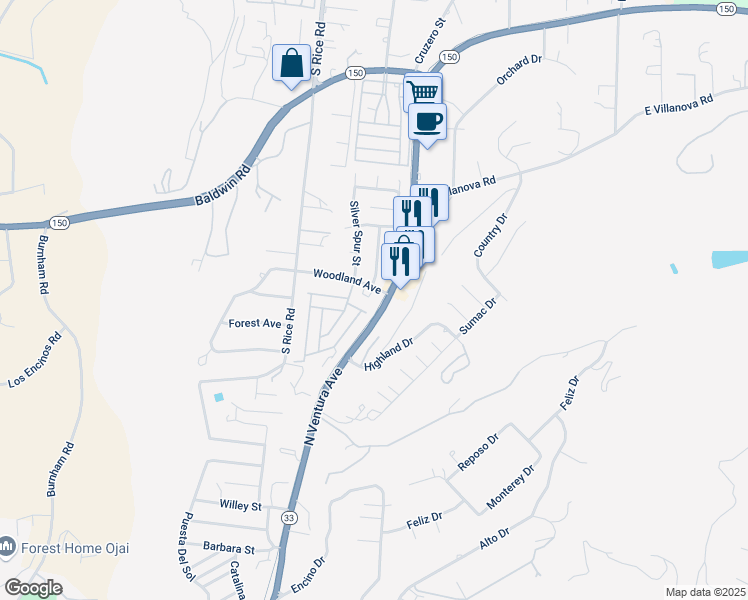 map of restaurants, bars, coffee shops, grocery stores, and more near in Ojai