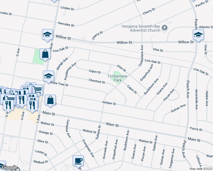 map of restaurants, bars, coffee shops, grocery stores, and more near 17879 Chestnut Street in Hesperia