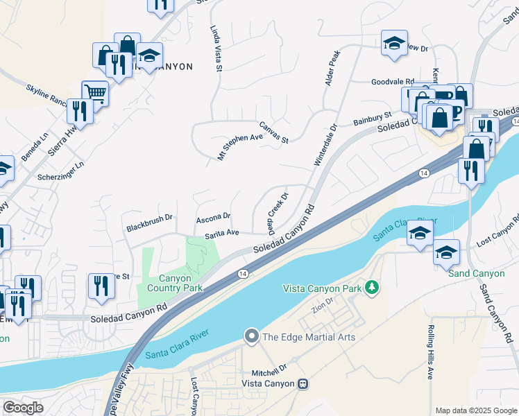 map of restaurants, bars, coffee shops, grocery stores, and more near 28048 Eagle Peak Avenue in Santa Clarita