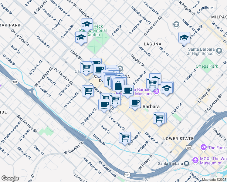 map of restaurants, bars, coffee shops, grocery stores, and more near 1027 State Street in Santa Barbara
