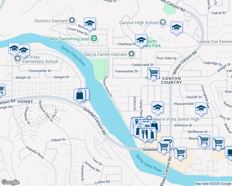 map of restaurants, bars, coffee shops, grocery stores, and more near 19648 Lonerock Street in Santa Clarita