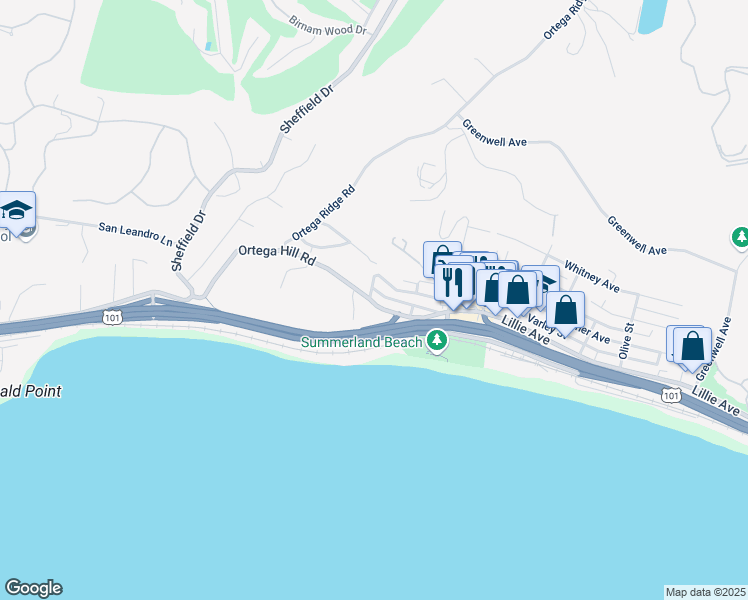 map of restaurants, bars, coffee shops, grocery stores, and more near 2176 Ortega Hill Road in Summerland