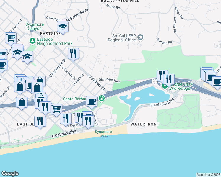 map of restaurants, bars, coffee shops, grocery stores, and more near 1412 Park Place in Santa Barbara