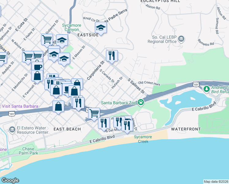 map of restaurants, bars, coffee shops, grocery stores, and more near 303 South Soledad Street in Santa Barbara