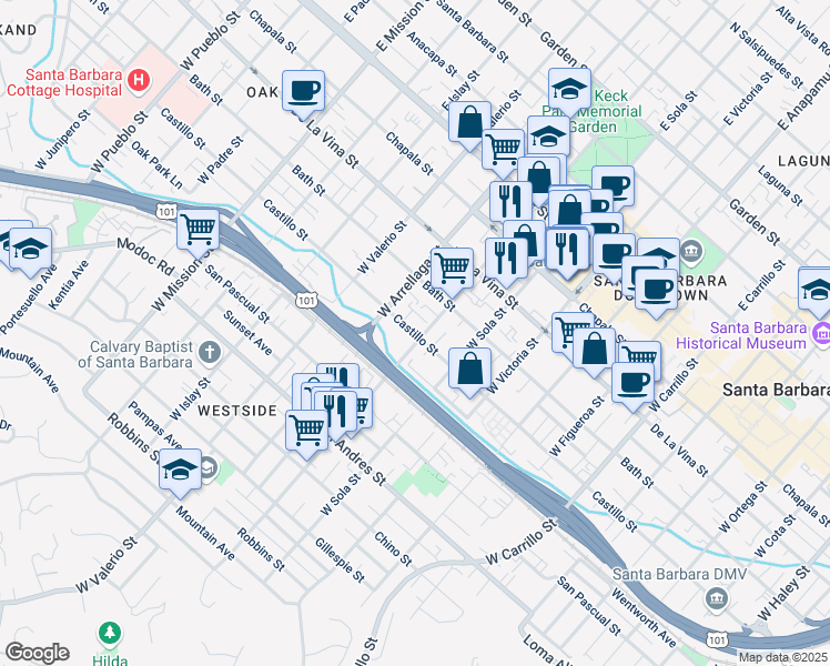map of restaurants, bars, coffee shops, grocery stores, and more near in Santa Barbara
