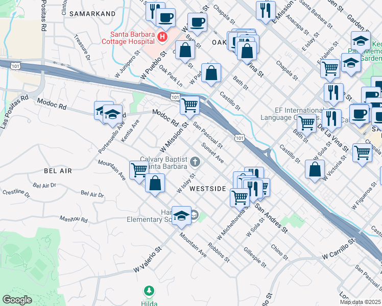 map of restaurants, bars, coffee shops, grocery stores, and more near 1819 San Andres Street in Santa Barbara