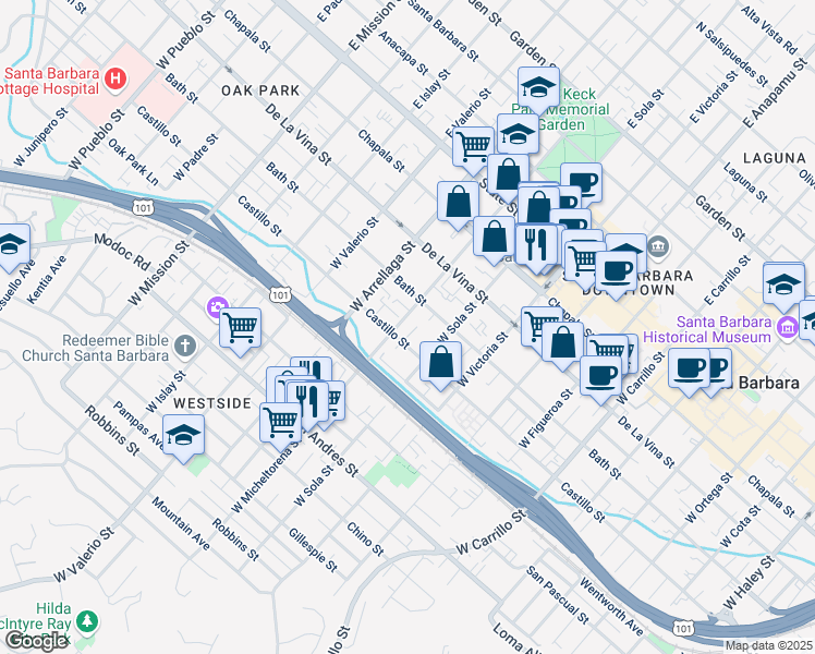 map of restaurants, bars, coffee shops, grocery stores, and more near 327 West Micheltorena Street in Santa Barbara