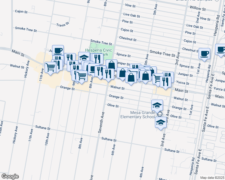 map of restaurants, bars, coffee shops, grocery stores, and more near 15935 Walnut Street in Hesperia