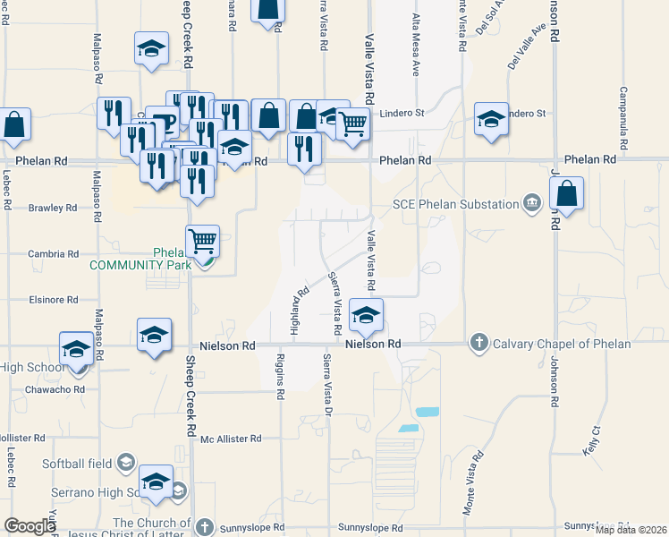 map of restaurants, bars, coffee shops, grocery stores, and more near 4410 Sierra Vista Drive in Phelan