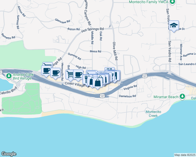 map of restaurants, bars, coffee shops, grocery stores, and more near 134 Middle Road in Montecito