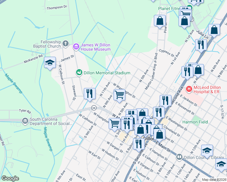 map of restaurants, bars, coffee shops, grocery stores, and more near 507 West Washington Street in Dillon