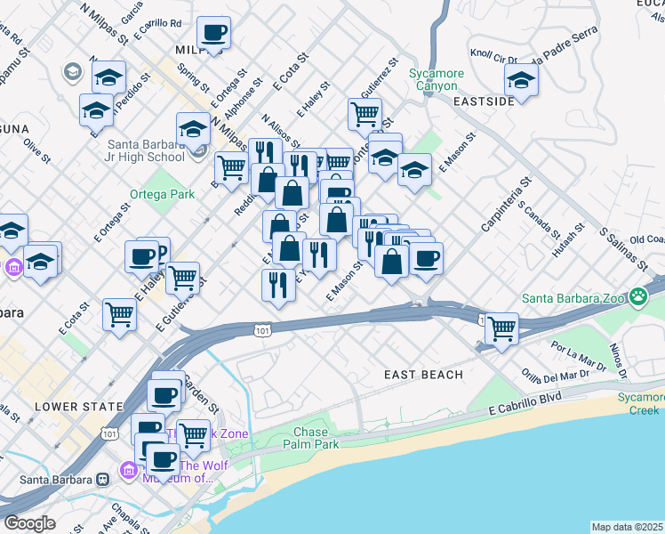 map of restaurants, bars, coffee shops, grocery stores, and more near 120 North Nopal Street in Santa Barbara