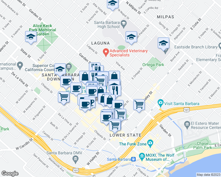 map of restaurants, bars, coffee shops, grocery stores, and more near 811 Santa Barbara Street in Santa Barbara