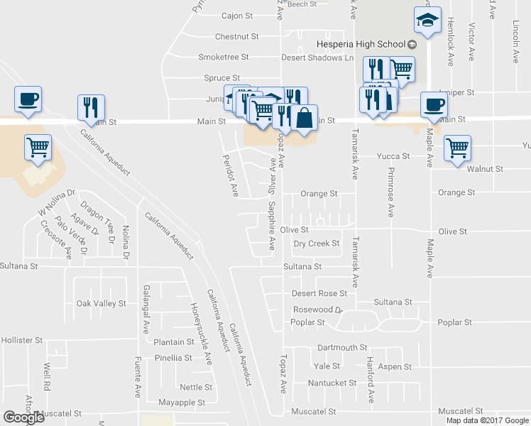 map of restaurants, bars, coffee shops, grocery stores, and more near 14062 Crystal Street in Hesperia