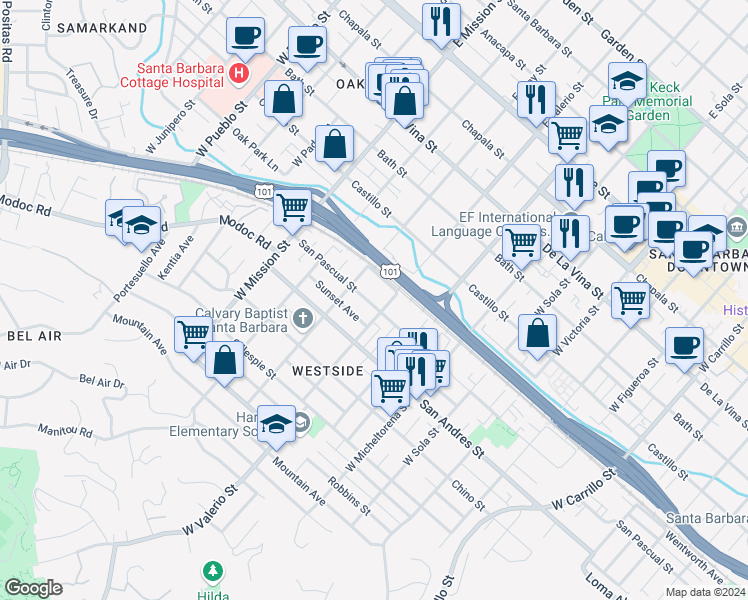 map of restaurants, bars, coffee shops, grocery stores, and more near 1714 San Pascual Street in Santa Barbara