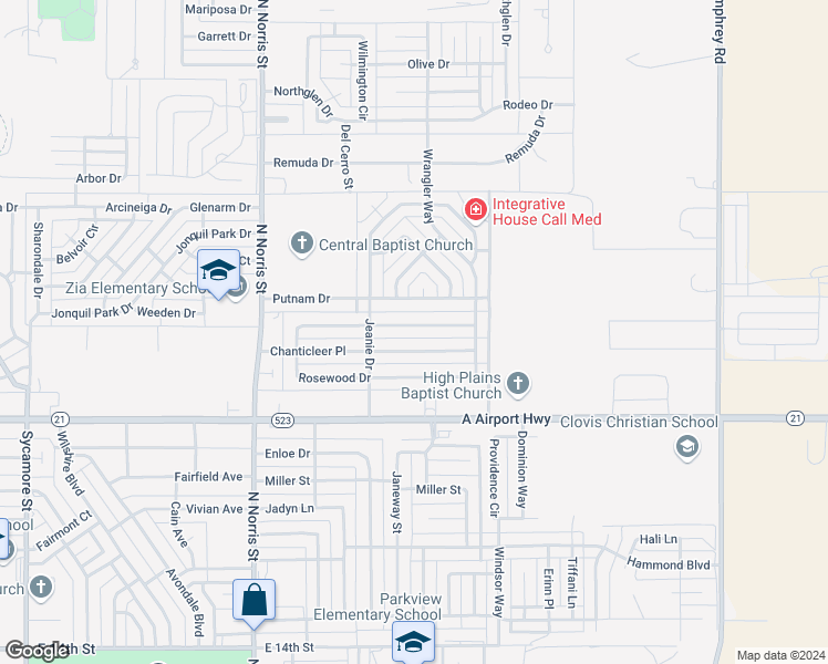 map of restaurants, bars, coffee shops, grocery stores, and more near 1101 Rosewood Drive in Clovis