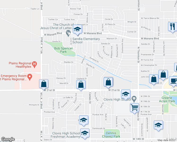 map of restaurants, bars, coffee shops, grocery stores, and more near 213 Sasser Drive in Clovis