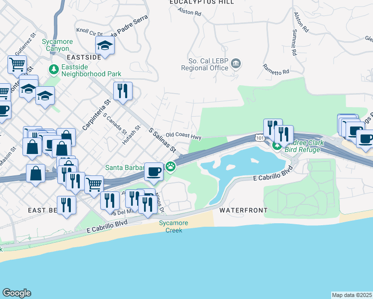 map of restaurants, bars, coffee shops, grocery stores, and more near 1412 Park Place in Santa Barbara
