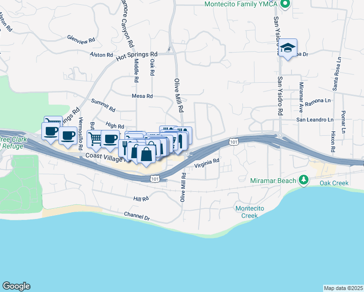 map of restaurants, bars, coffee shops, grocery stores, and more near 115 Olive Mill Road in Santa Barbara