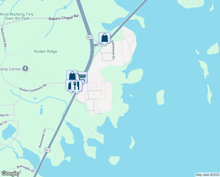 map of restaurants, bars, coffee shops, grocery stores, and more near 84 Morningside Drive in Guntersville