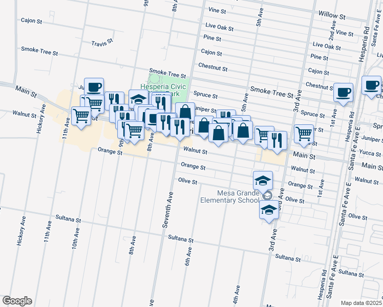 map of restaurants, bars, coffee shops, grocery stores, and more near 7th Street in Hesperia
