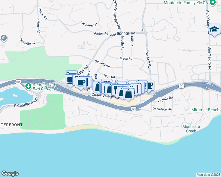 map of restaurants, bars, coffee shops, grocery stores, and more near 1169 Oriole Road in Montecito