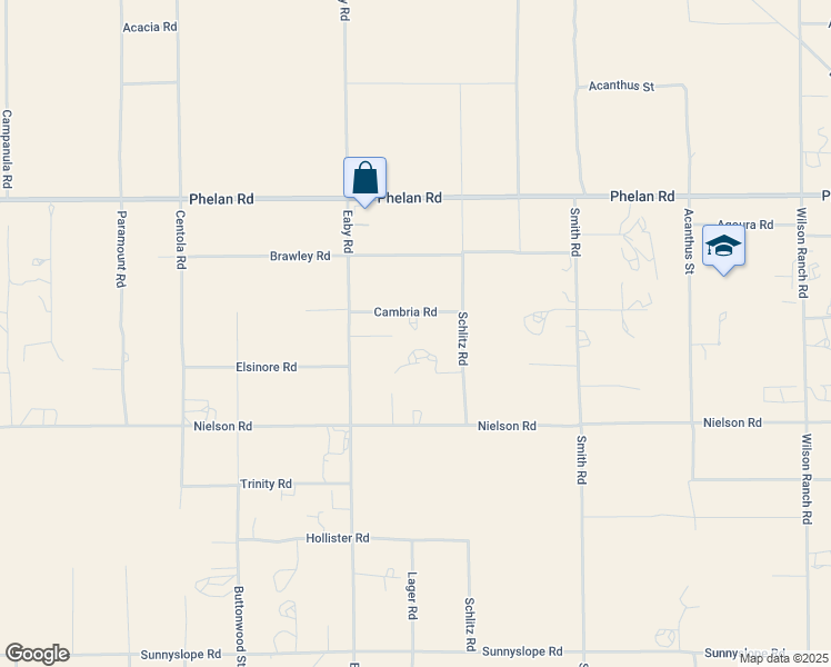 map of restaurants, bars, coffee shops, grocery stores, and more near 5827 Cambria Road in Phelan