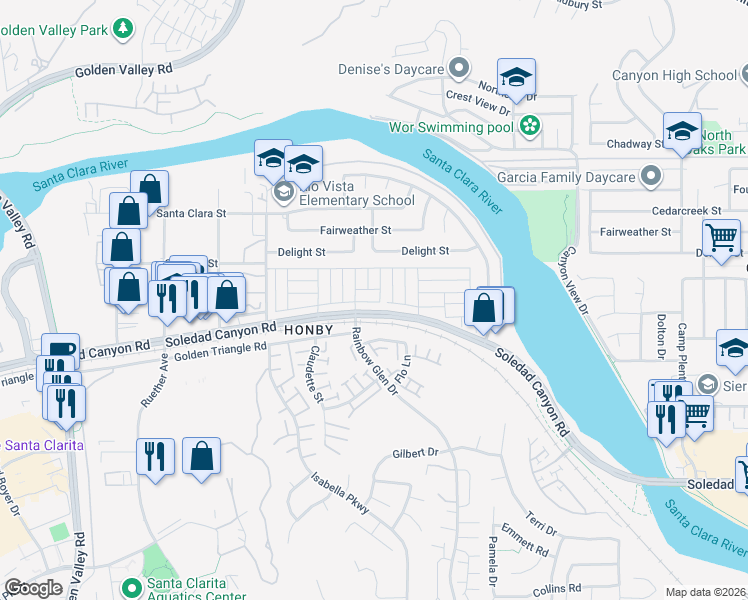 map of restaurants, bars, coffee shops, grocery stores, and more near 20401 Soledad Canyon Road in Santa Clarita