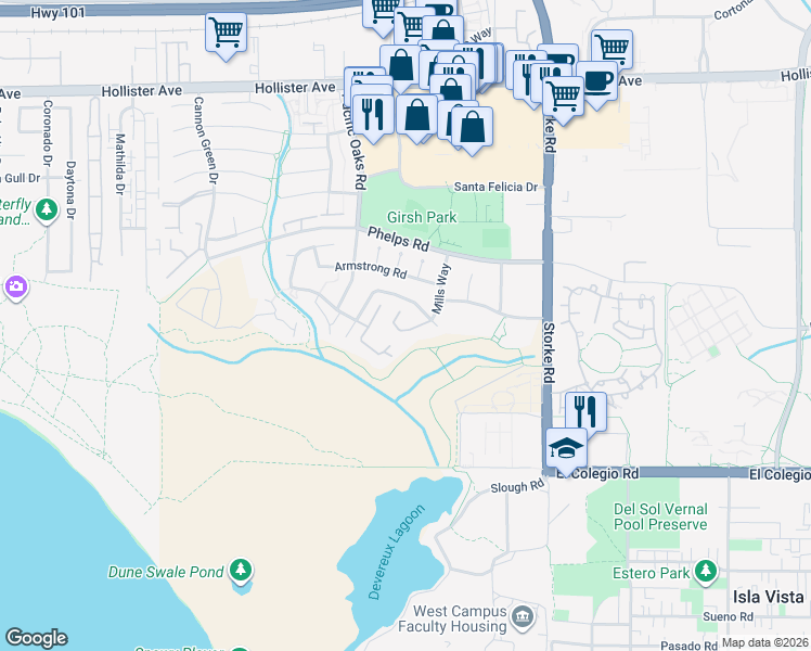 map of restaurants, bars, coffee shops, grocery stores, and more near 543 Mills Way in Goleta