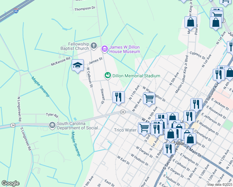 map of restaurants, bars, coffee shops, grocery stores, and more near 111 North Carolina Court in Dillon