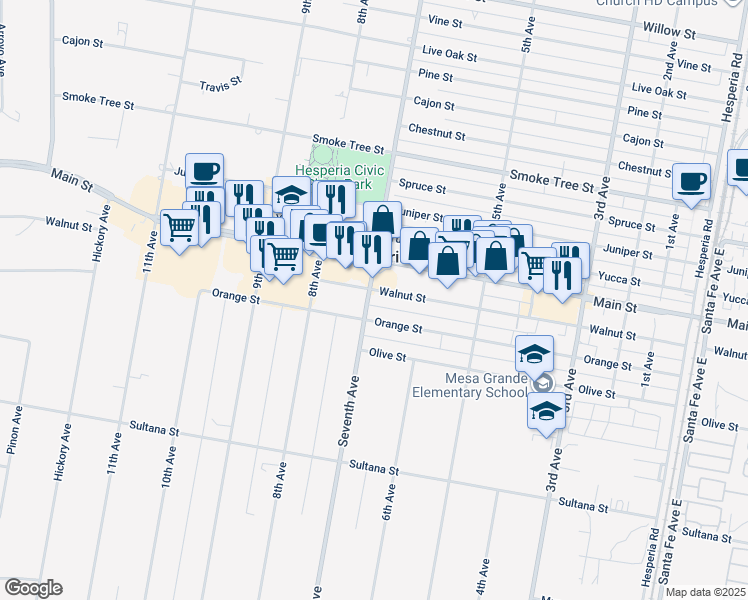 map of restaurants, bars, coffee shops, grocery stores, and more near 15935 Walnut Street in Hesperia