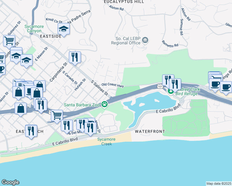 map of restaurants, bars, coffee shops, grocery stores, and more near 1412 Park Place in Santa Barbara